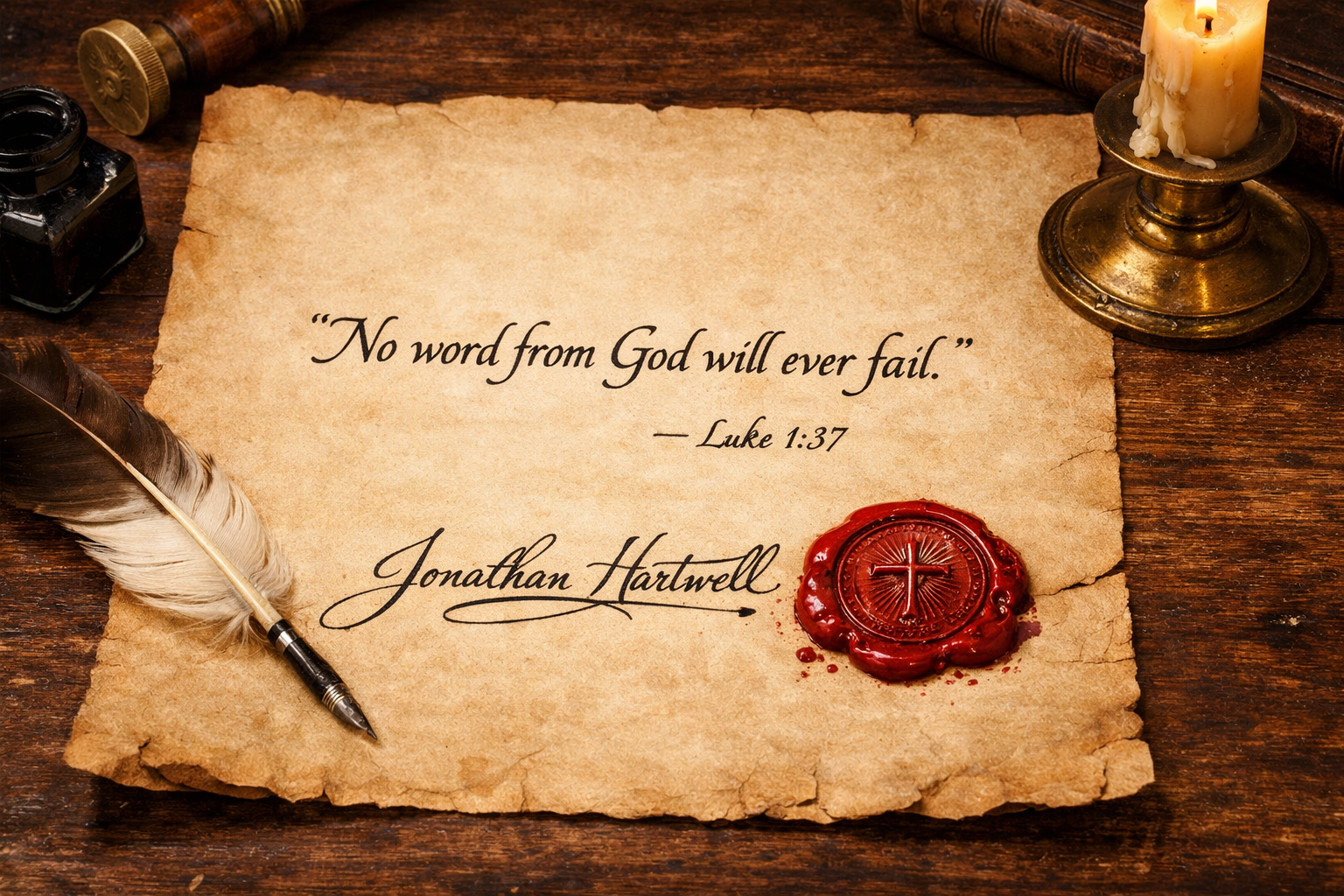 Contract signed with ink and sealed with a red wax stamp on parchment with Luke 1:37 verse about God's word never failing